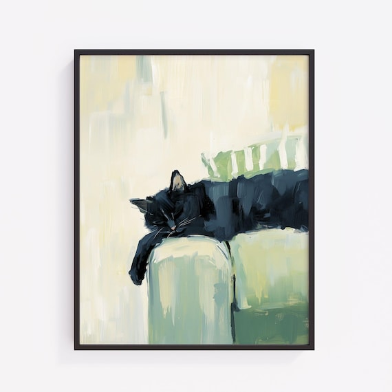 Black Cat Sleeping On Sofa Loose Oil Painting Pet Lover Print