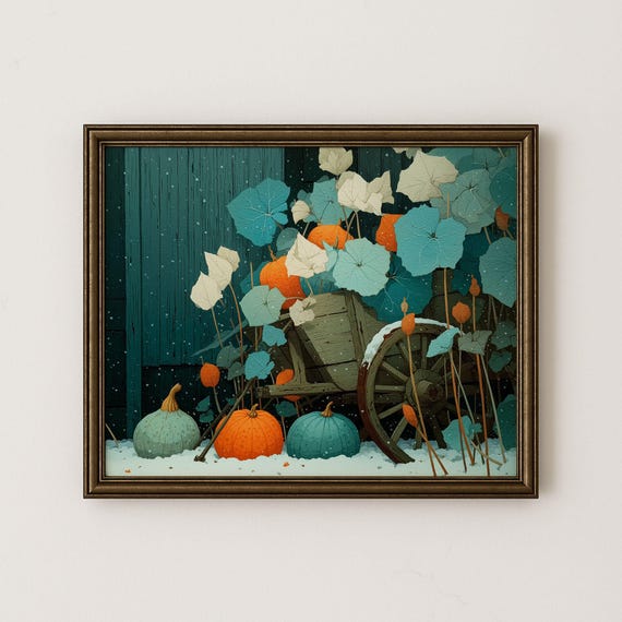 Rustic Autumn Wheelbarrow Gourds Art Print Vintage Fall Decor 217