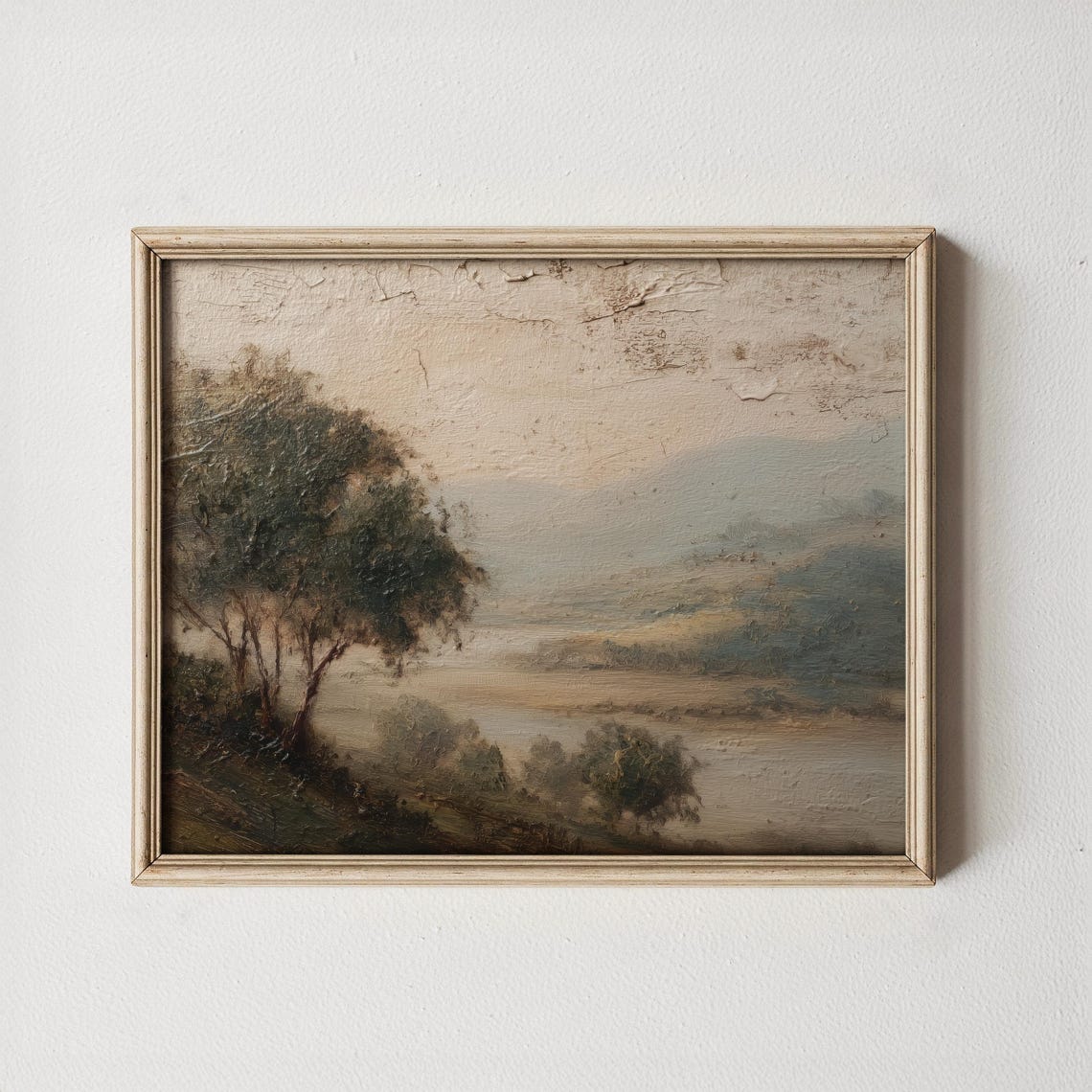Vintage Misty Valley Landscape Distant Hills Crackled Farmhouse Poster