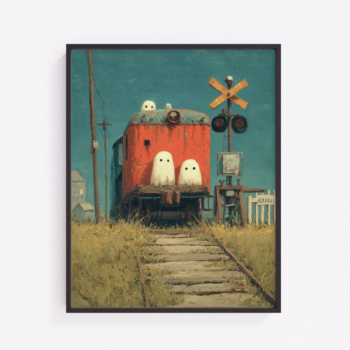 Adorable Ghosts Riding a Rusty Red Train Caboose Halloween Poster