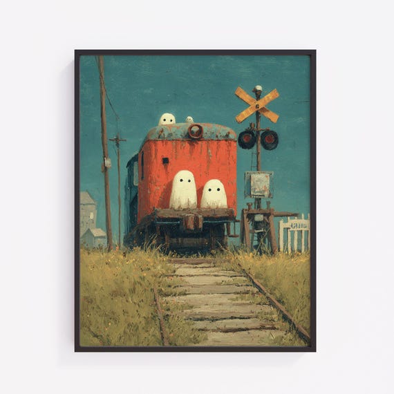 Pastel Chibi Ghosts Railroad Art Whimsical Kids Room Decor