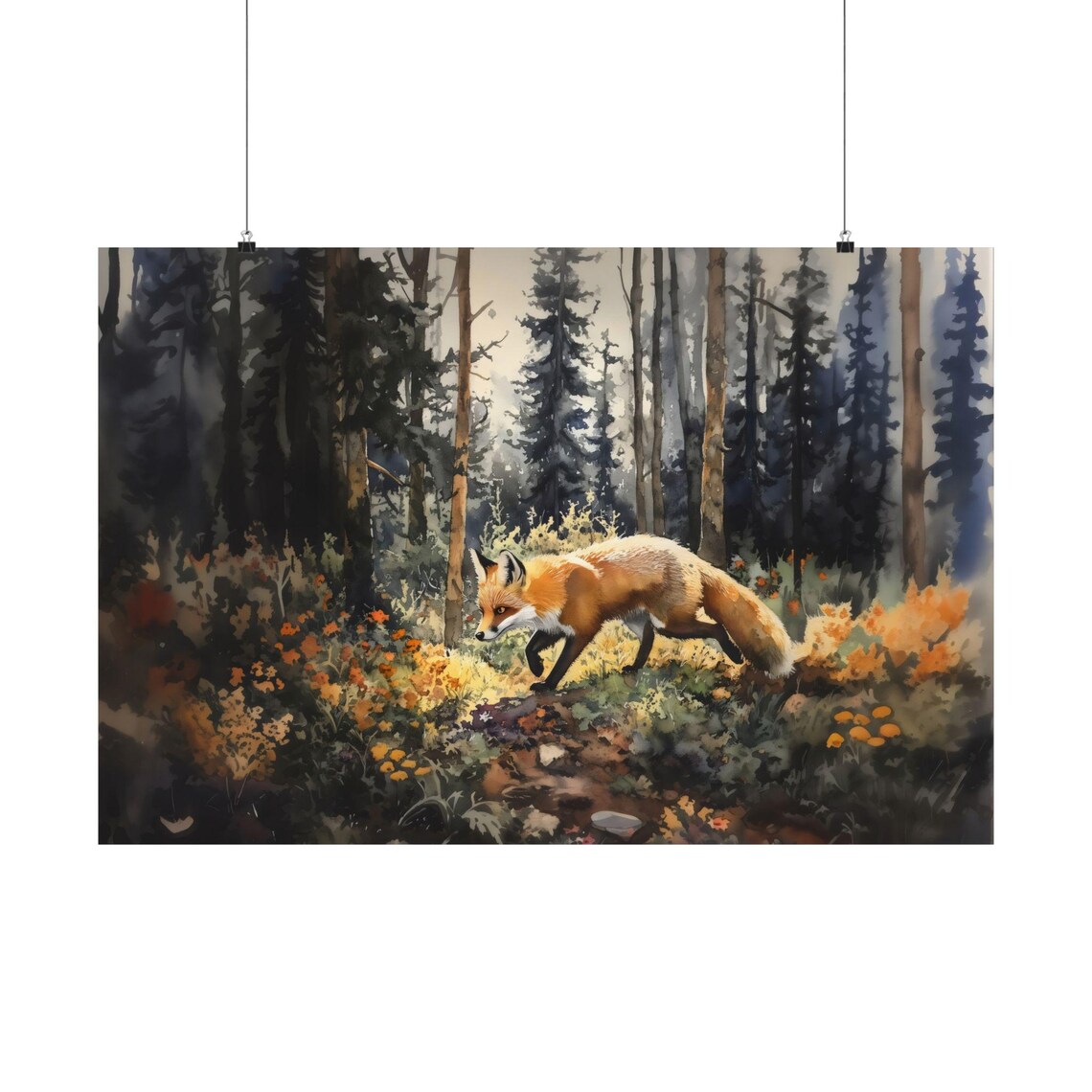 Fox Forest Watercolor Woodland Walk Autumn Pines Wildlife Nature Poster - Image 3