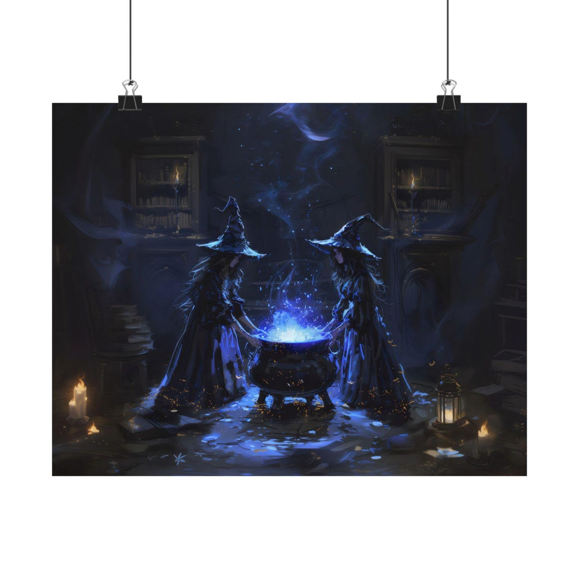 Witches Brewing Glowing Blue Cauldron Dark Gothic Magic Poster