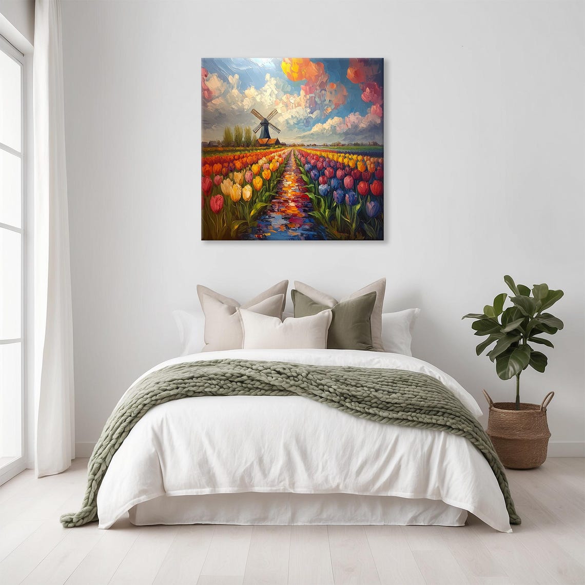 Tulip Row Windmill Painterly Bloom Field Spring Countryside Poster