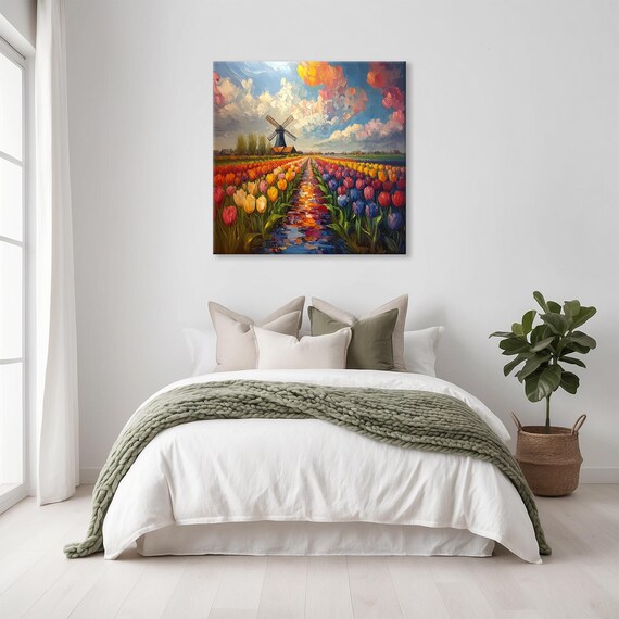 Tulip Row Windmill Painterly Bloom Field Spring Countryside Poster