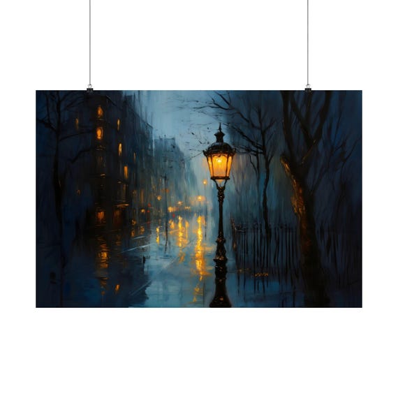 Seeing The Lamplight In The Rain Poster Print Magical Landscape Modern Painting Fantasy Nature Rustic Wall Print Airbnb Art Wall Decor