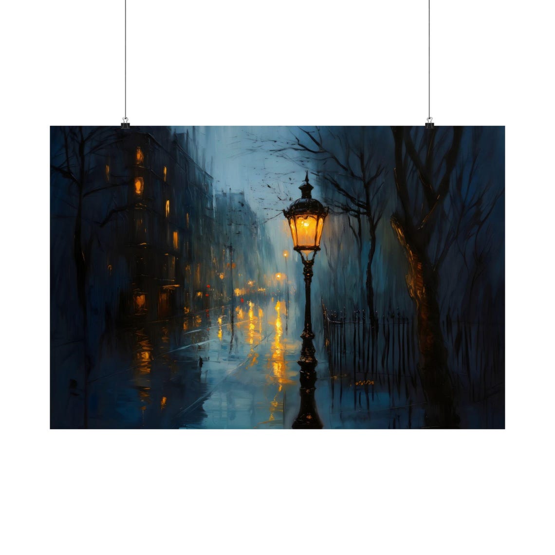 Rainy Night Street Scene Vintage Lamp Glowing Reflections Wall Art