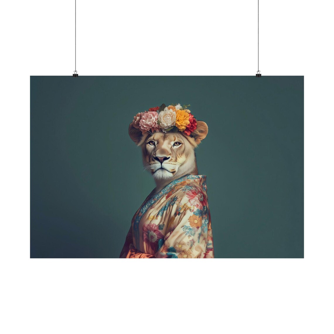 Lioness Fashionista Portrait With Floral Crown And Kimono Robe Poster - Image 3