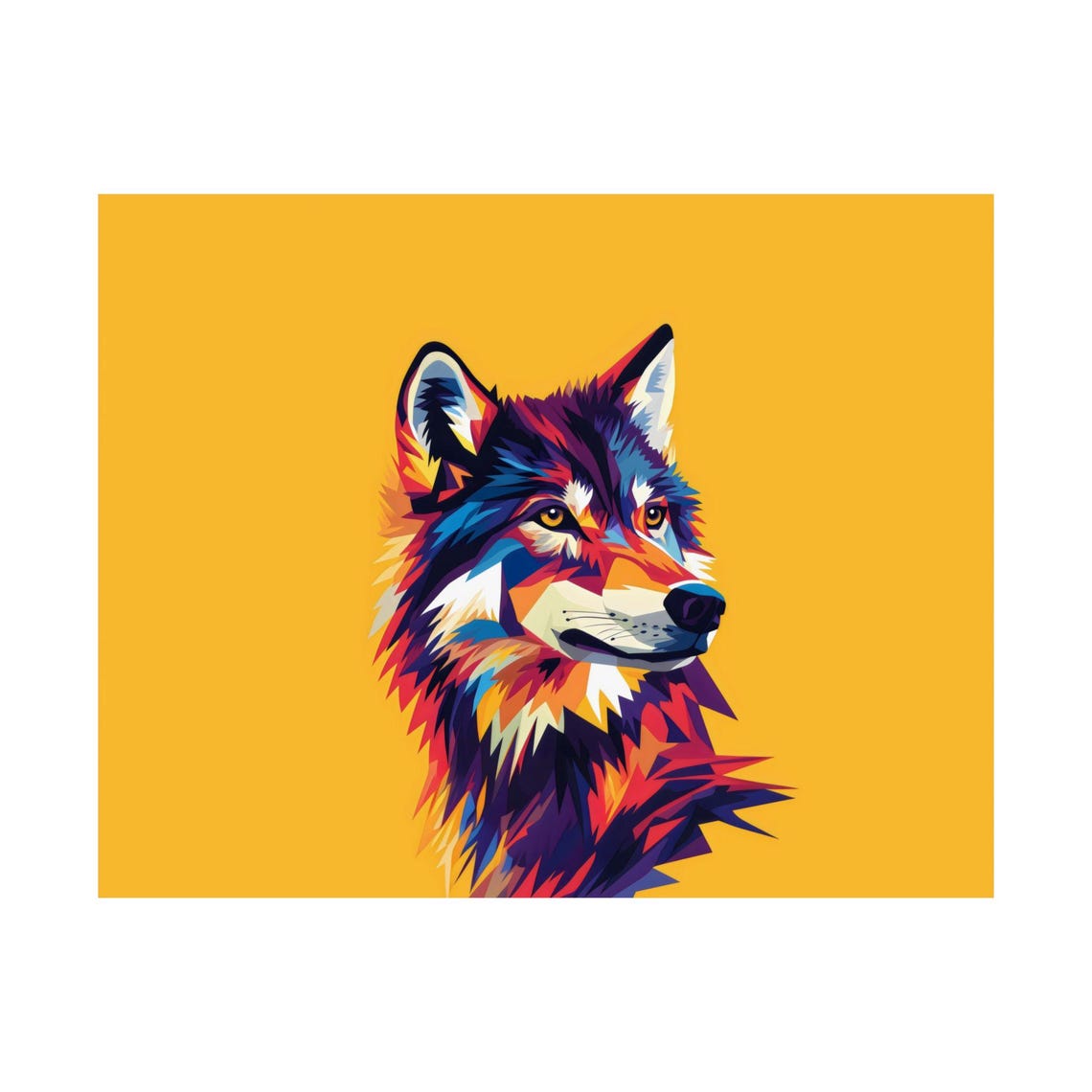 Colorful Geometric Wolf Portrait on Golden Yellow Background Poster - Image 3