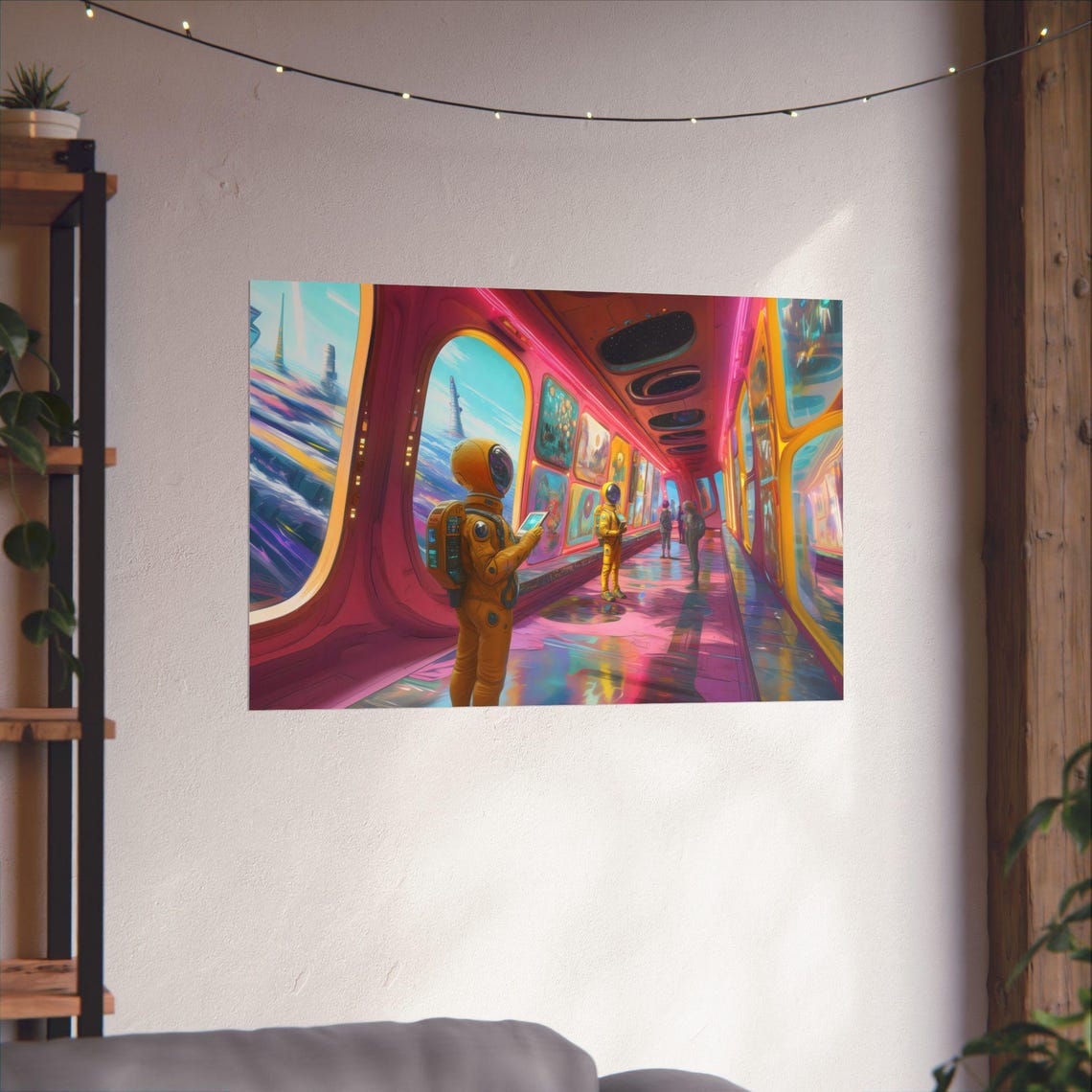 Astronauts in Neon Space Station Art Gallery Corridor Poster - Image 2