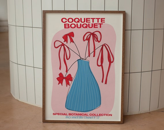 Art Flower Coquette Print Eclectic Red Bows Pinterest Wall Trendy French Y2k Poster Maximalist Cute Modern Decor