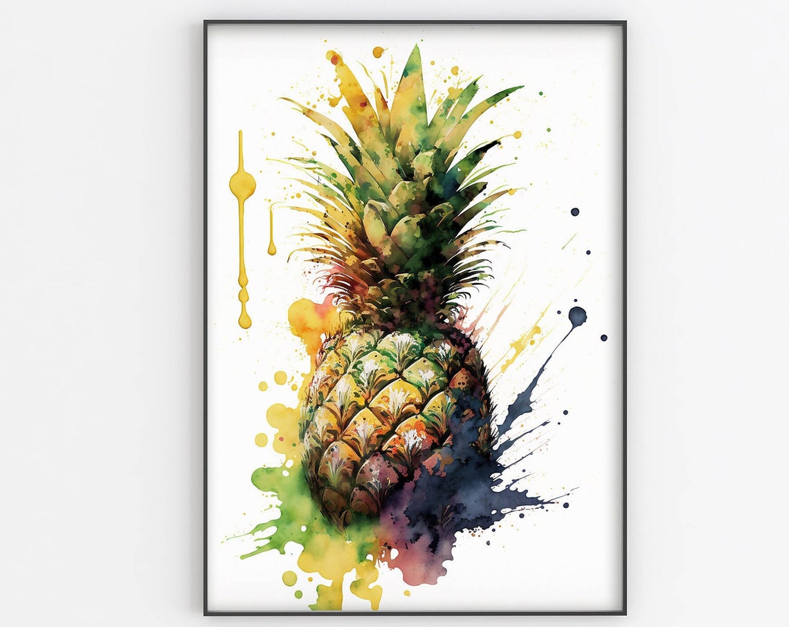 Watercolor Pineapple Poster Tropical Fruit Paint Splash Kitchen Art