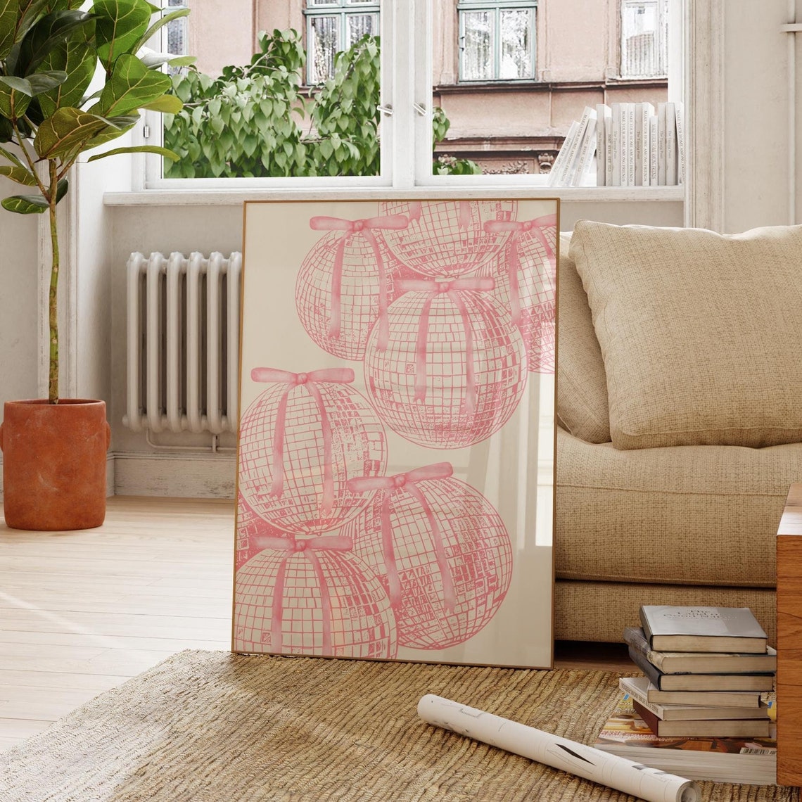 Pink Line Art Disco Balls With Ribbon Bows Coquette Dorm Poster - Image 3
