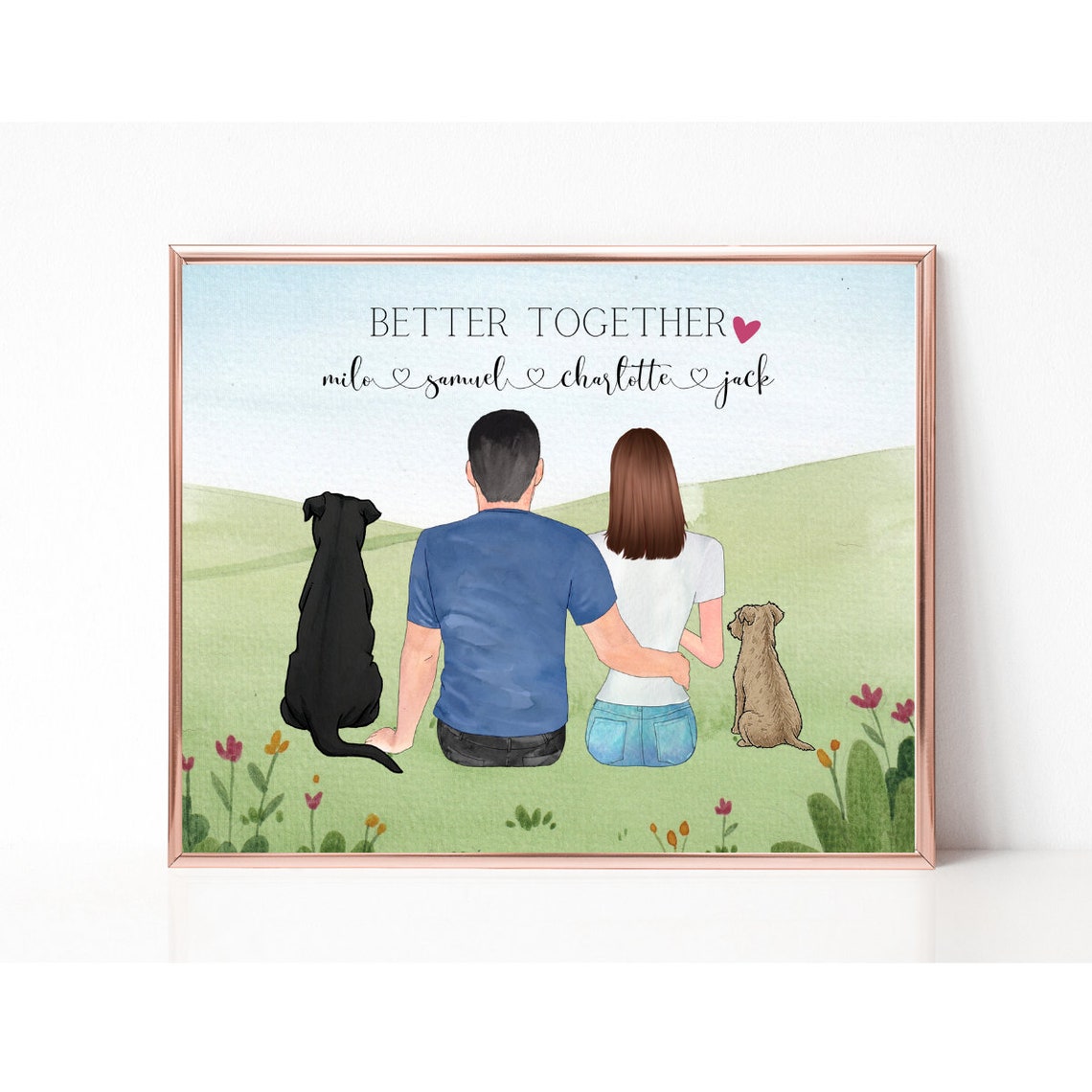 Couple With Dog Print Couple And Pet Portrait Couple Illustration Anniversary Gift Valentines Day Gift Personalised Family Dog Print