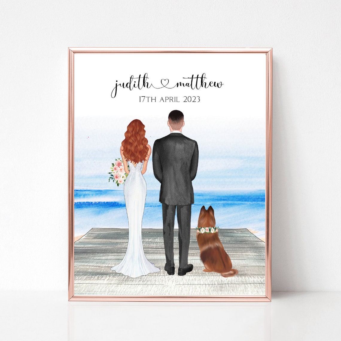 Personalized Beach Wedding Couple Portrait With Dog Ocean Poster