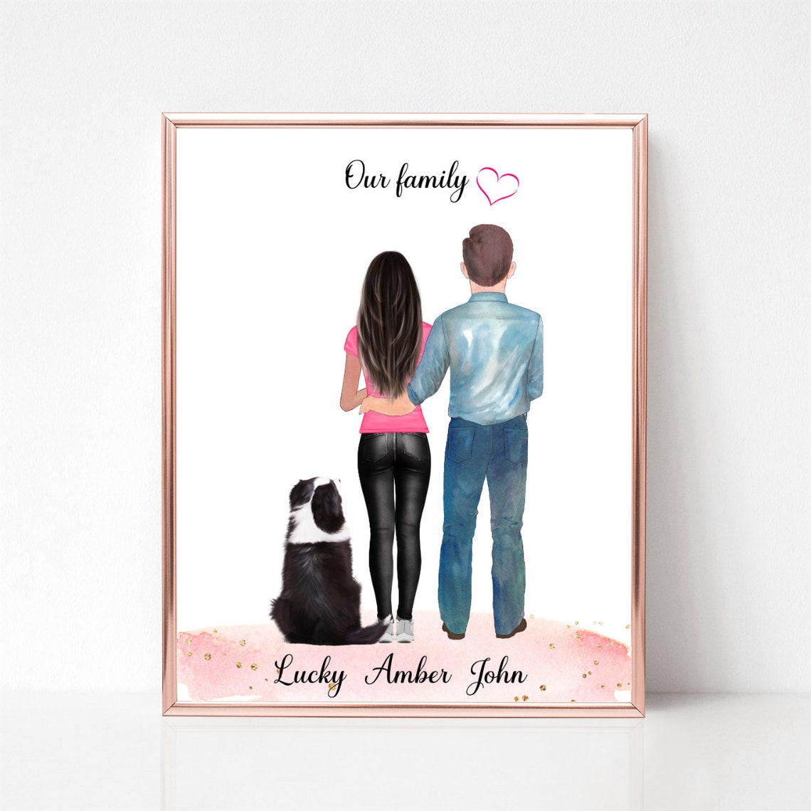 Our Family Couple With Black and White Dog Custom Name Poster
