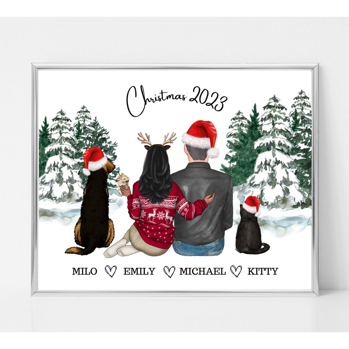 Couples Portrait With Pets Custom Pet Family Christmas Print Pet Lover Gifts For Couple Custom Family Portrait Dog Mom And Dad Gift