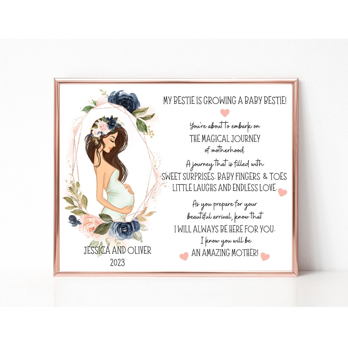 Pregnant Bestie Baby Shower Floral Maternity Portrait Custom Poster