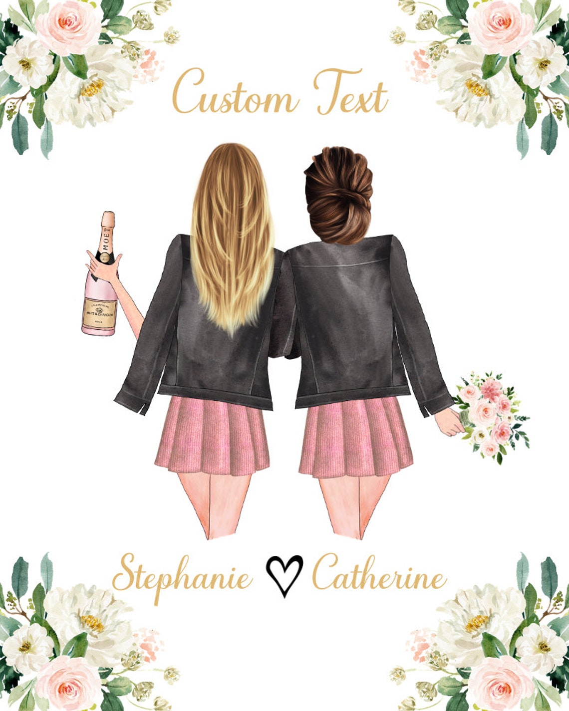 Personalized Best Friends Portrait Gift Poster with Wine and Florals - Image 2