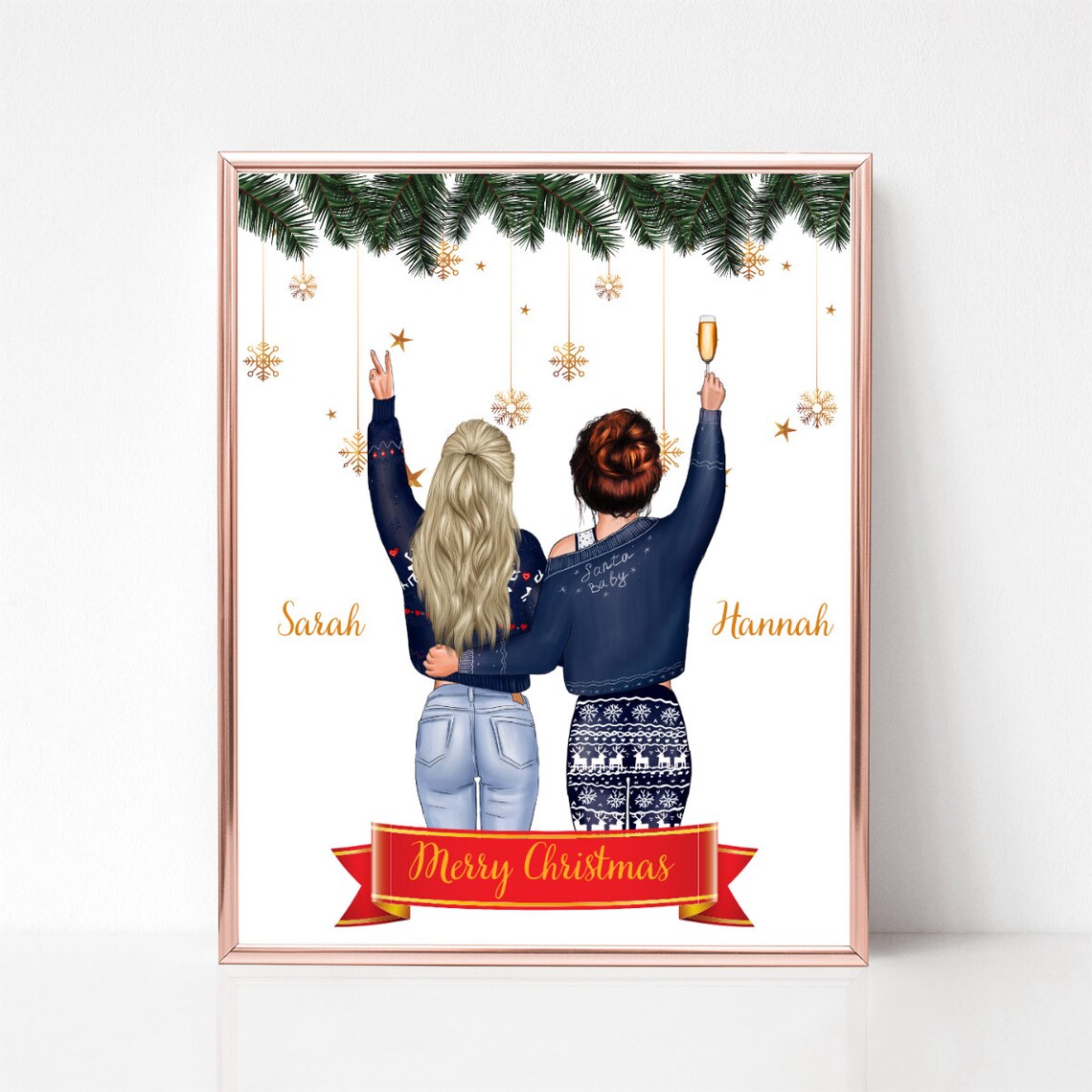Merry Christmas Best Friends in Holiday Sweaters Custom Name Poster - Image 2