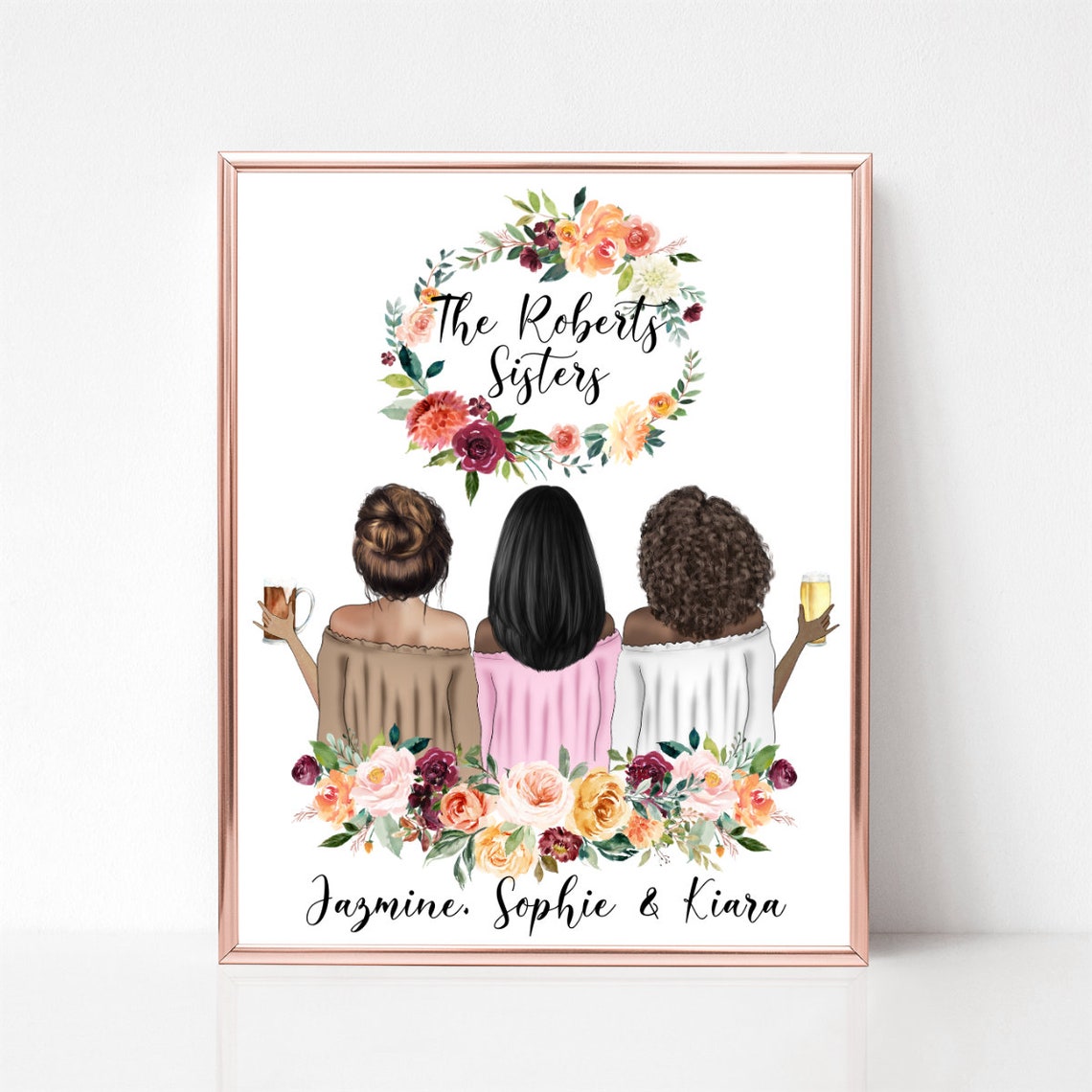 Personalized Sisters Portrait Three Sisters Floral Gift Keepsake Poster