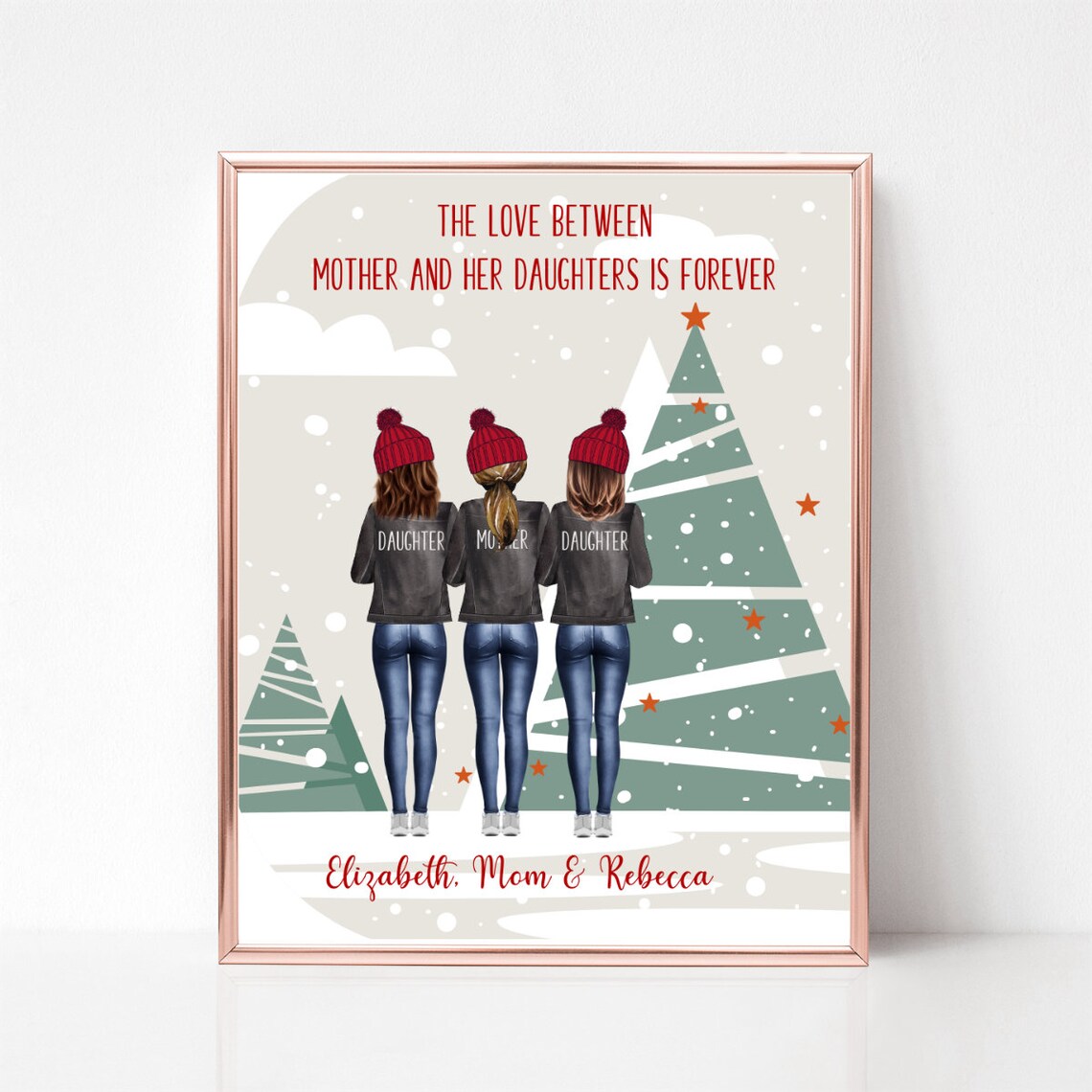 Mom And Two Daughters In Christmas Beanies Snowy Trees Poster - Image 2