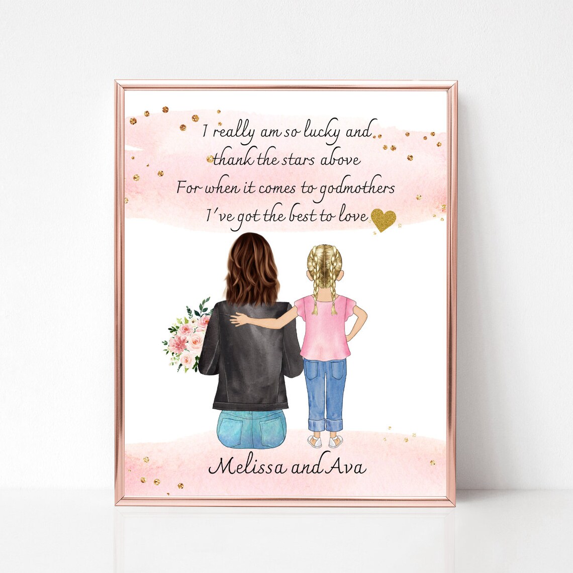 Personalized Godmother and Goddaughter Portrait Thank Stars Gift Print