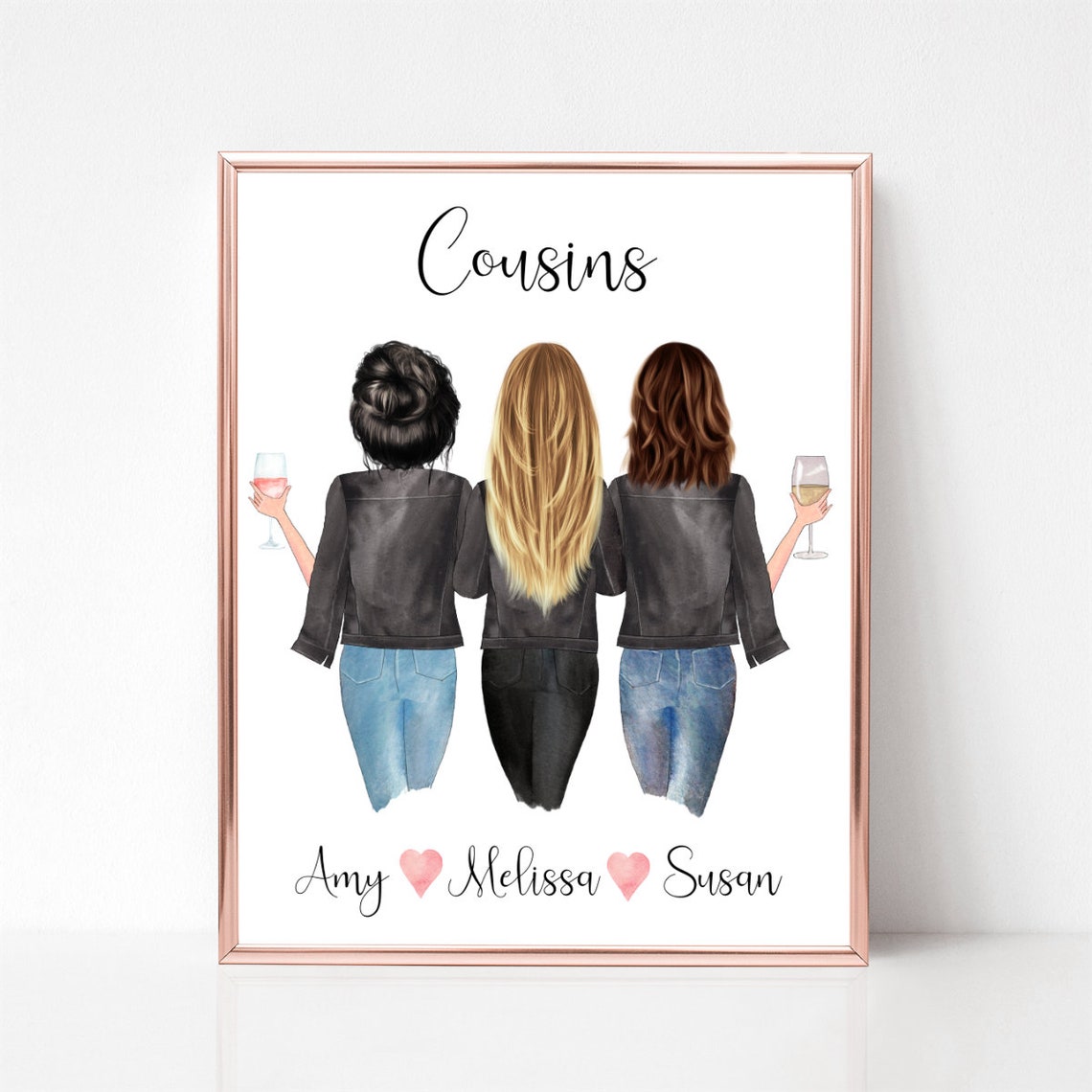 Three Cousins With Wine Glasses Chic Back View Portrait Poster