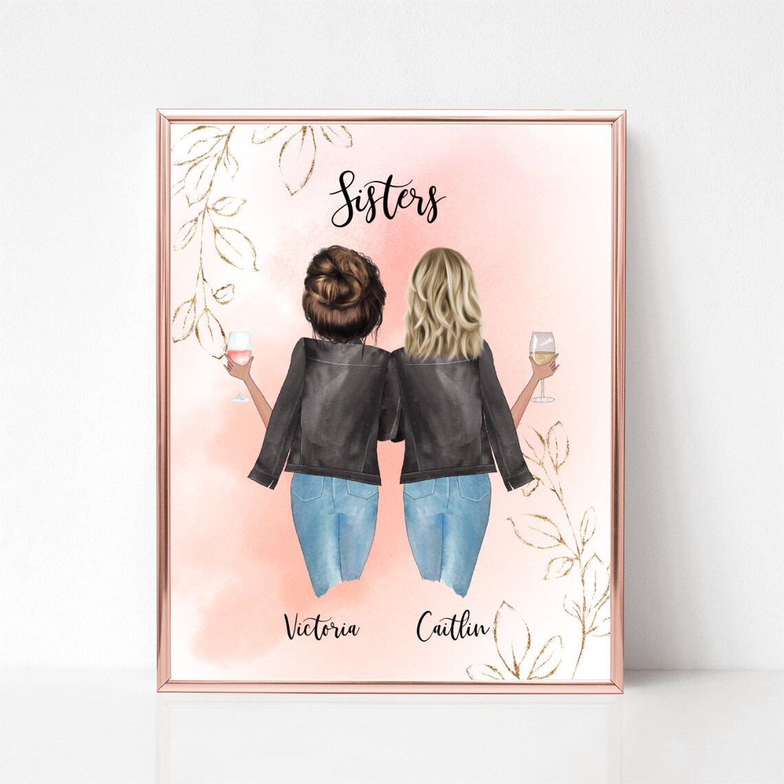 Sisters Wine Toast Leather Jacket Blush Watercolor Portrait Poster