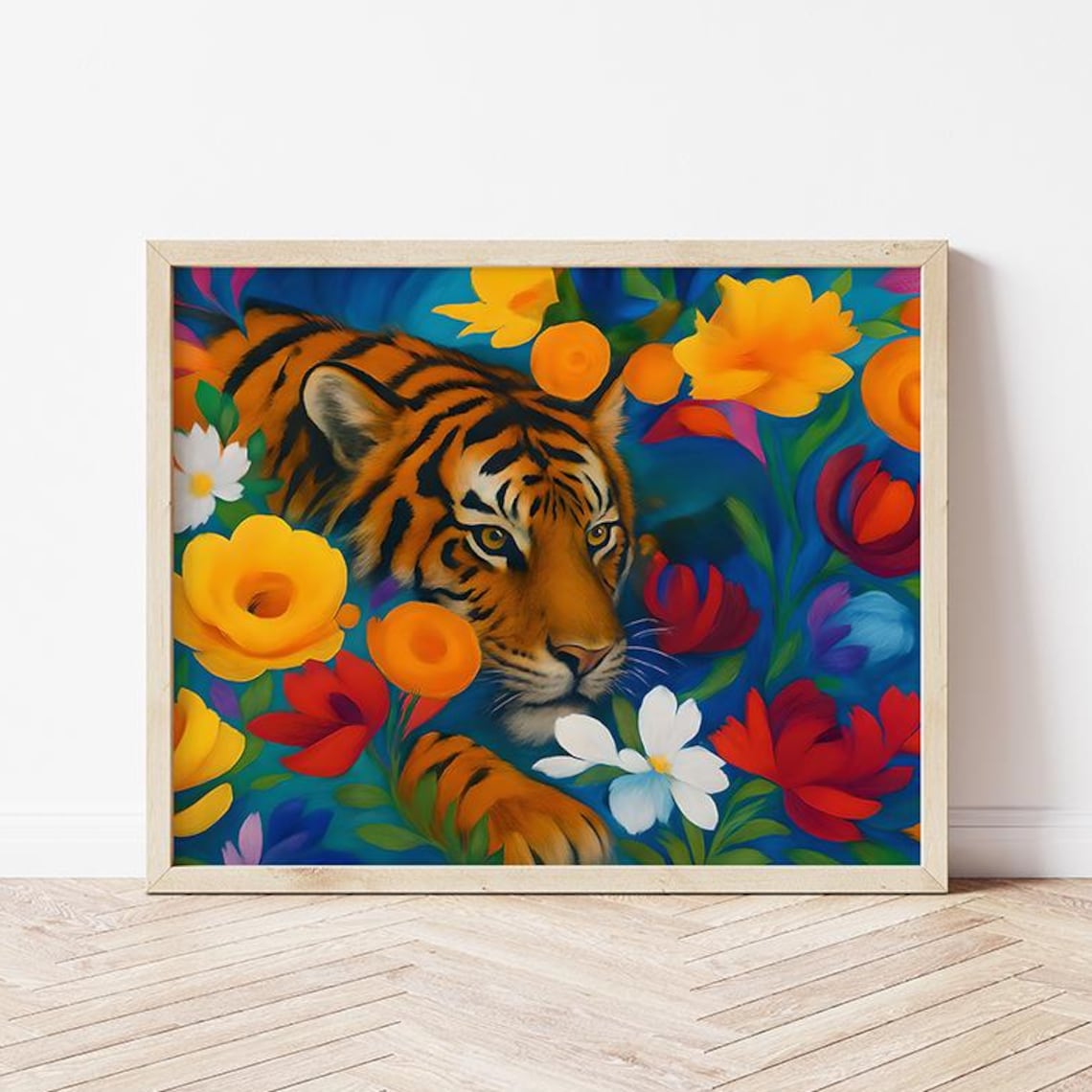 Maximalist Tiger Resting Among Bright Jungle Flowers Art Poster