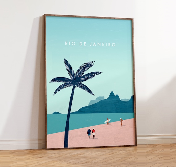 Rio De Janeiro Poster Minimalist Art Print Beach With Palm Trees Brazil Illustration Wall Decor Travel Souvenir