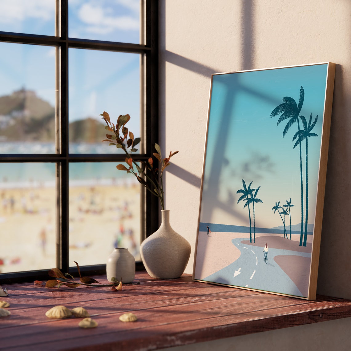 California Beach Palms Cyclist Surfer Sunset Boardwalk Scene Poster - Image 3