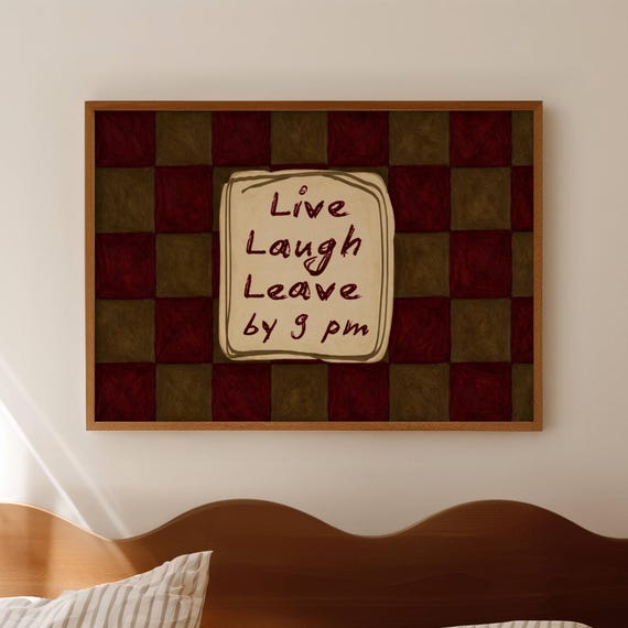 Live Laugh Leave By 9pm Quote Print Horizontal Khaki Oil Painting Wall Art Handdrawn Retro Typography Poster Trendy Funny Entryway Decor