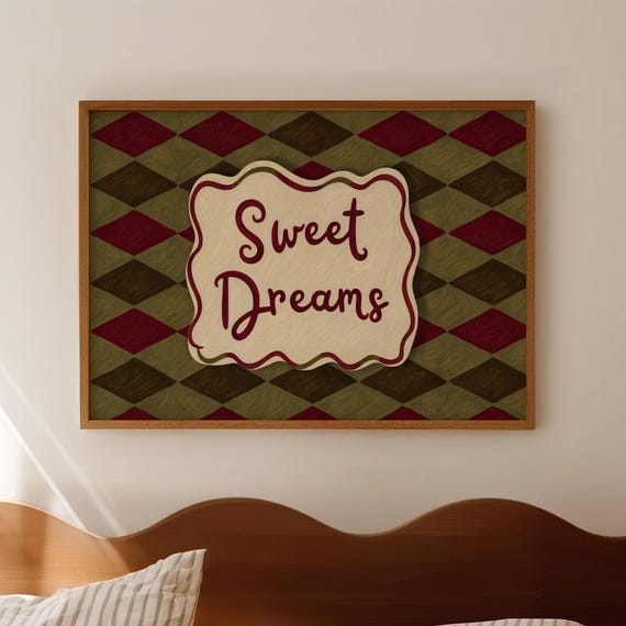 Sweet Dreams Khaki Burgundy Quote Print Horizontal Above Bed Oil Painting Wall Art Hand Drawn Retro Checkered Typography Bedroom Poster