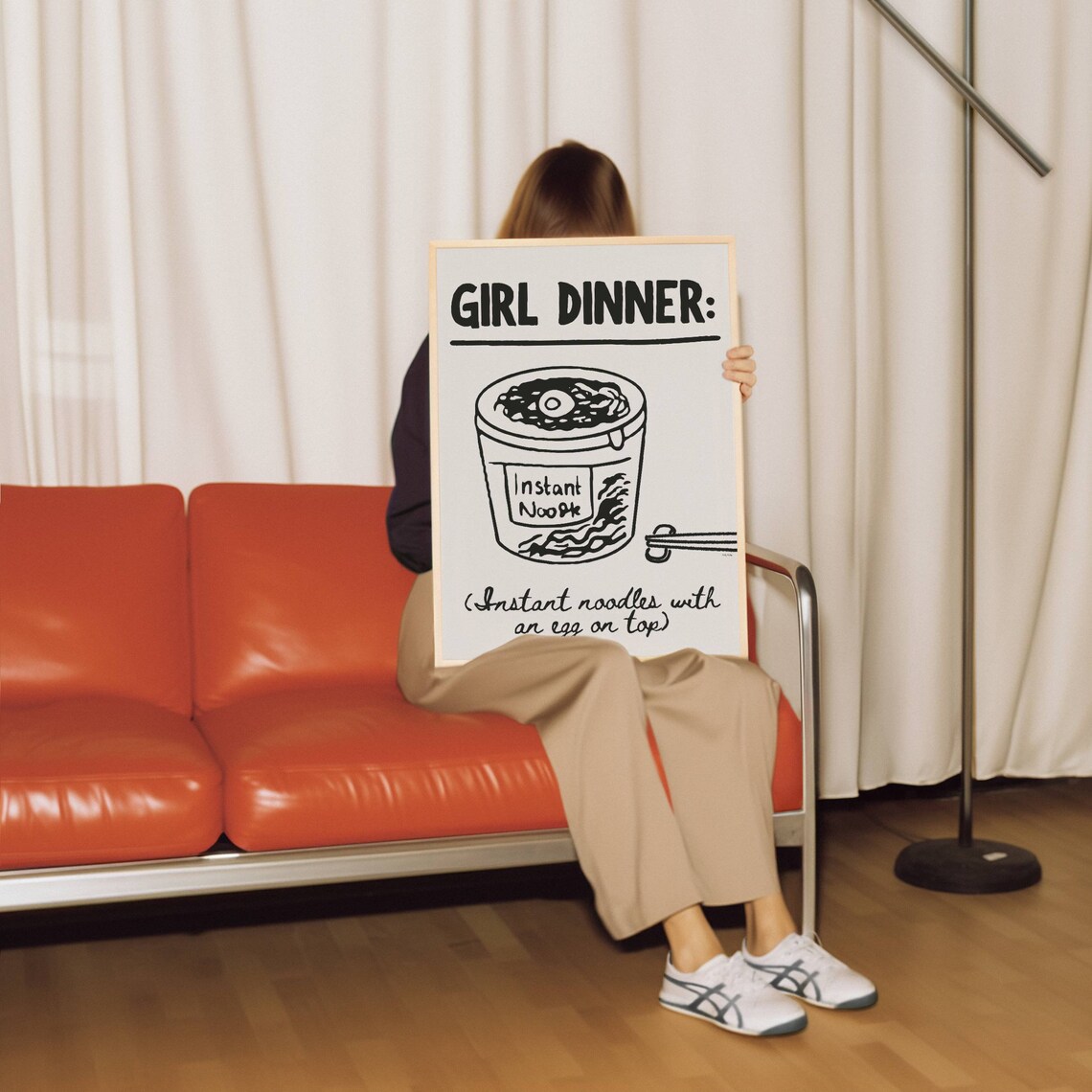 Black Cream Girl Dinner Instant Noodle Cup Minimal Line Art Poster - Image 2