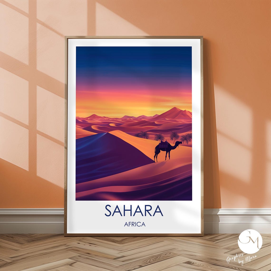 Sahara Africa Camel Silhouette Over Sunset Sand Dunes Travel Poster