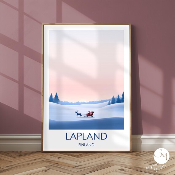 Lapland Finland Santa Claus Sleigh Pink Dawn Christmas Travel Poster