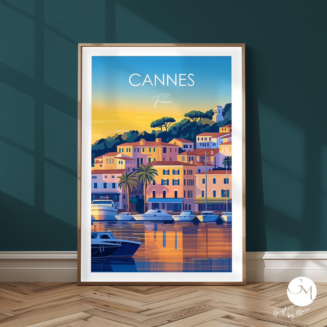 Cannes France Harbor Sunset Yachts Old Town Travel Art Poster