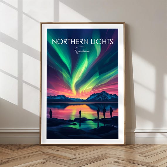 Northern Lights Iceland Poster Aurora Borealis Art Landscape Print Polar Night Sky Wall