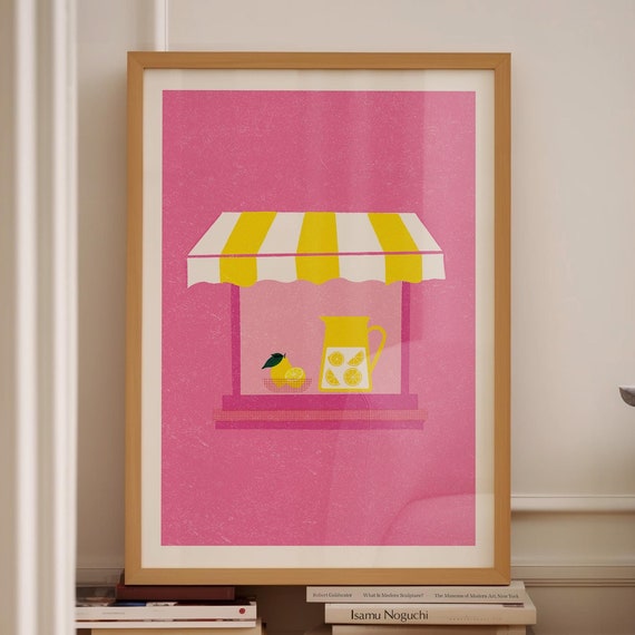 Lemon Art Print Lemon Print Retro Fruit Poster Summer Print Cottagecore Decor Abstract Fruit Print Kitchen Wall Art Pink Yellow Art