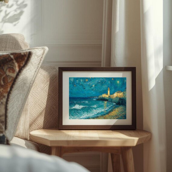 Lighthouse Over Moonlit Coast Waves Starry Sky Oil Style Art Print