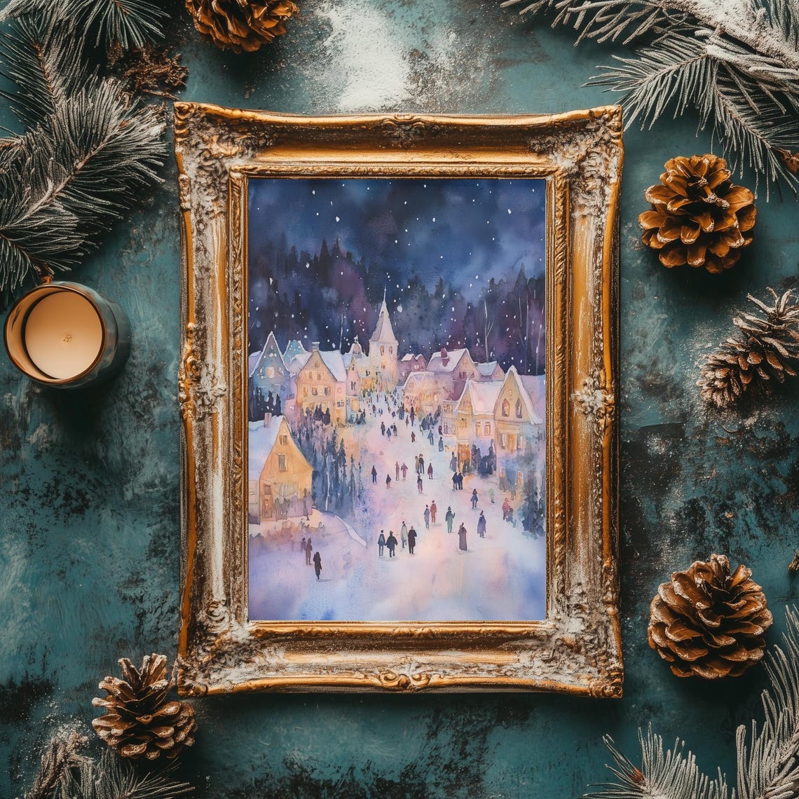 Snowy Christmas Town Night Glowing Windows Church Winter Scene Poster - Image 2
