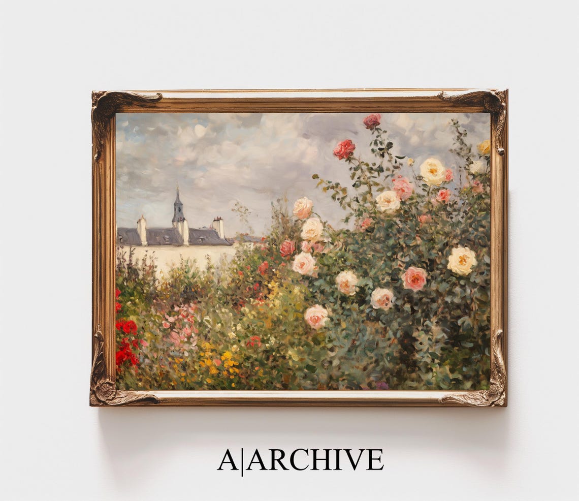 Cream and Red Roses Over Village Rooftops Vintage Art Poster