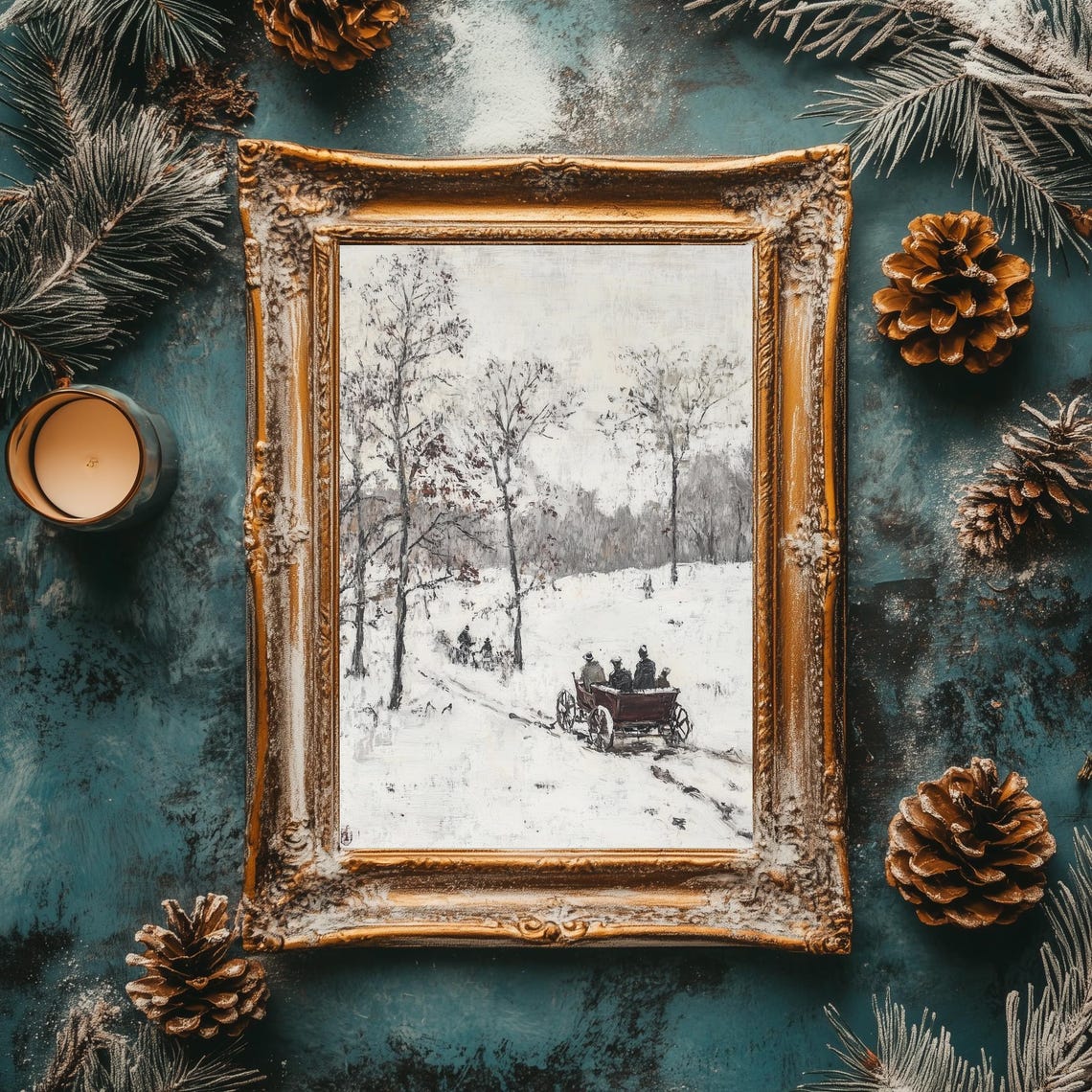 Winter Sleigh Ride Through Snowy Woods Vintage Oil Painting Poster - Image 4