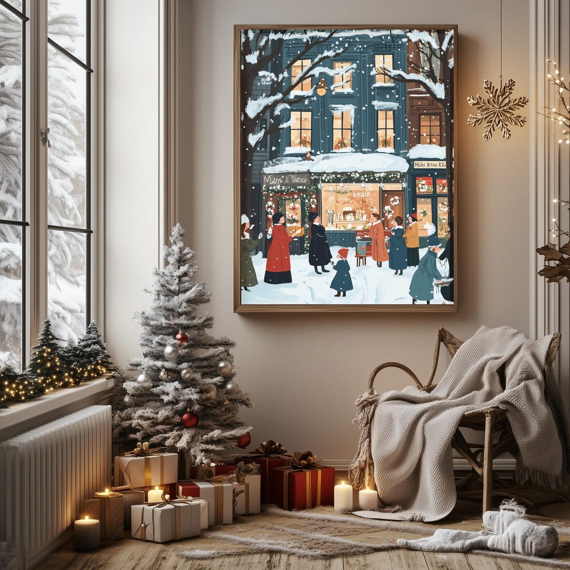 Snowy Christmas Shopfront Night Shoppers Festive Storefront Poster - Image 3