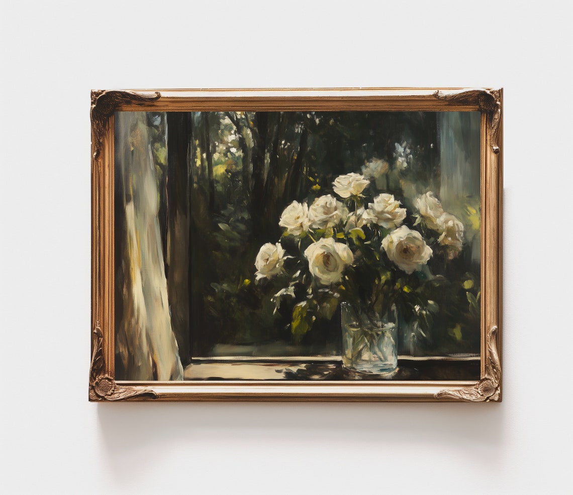 White Roses Vase Window View Dark Forest Moody Floral Art Poster