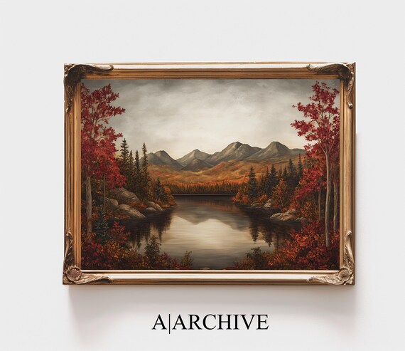 Autumn Mountain Lake Evergreen Vintage Countryside Painting Poster