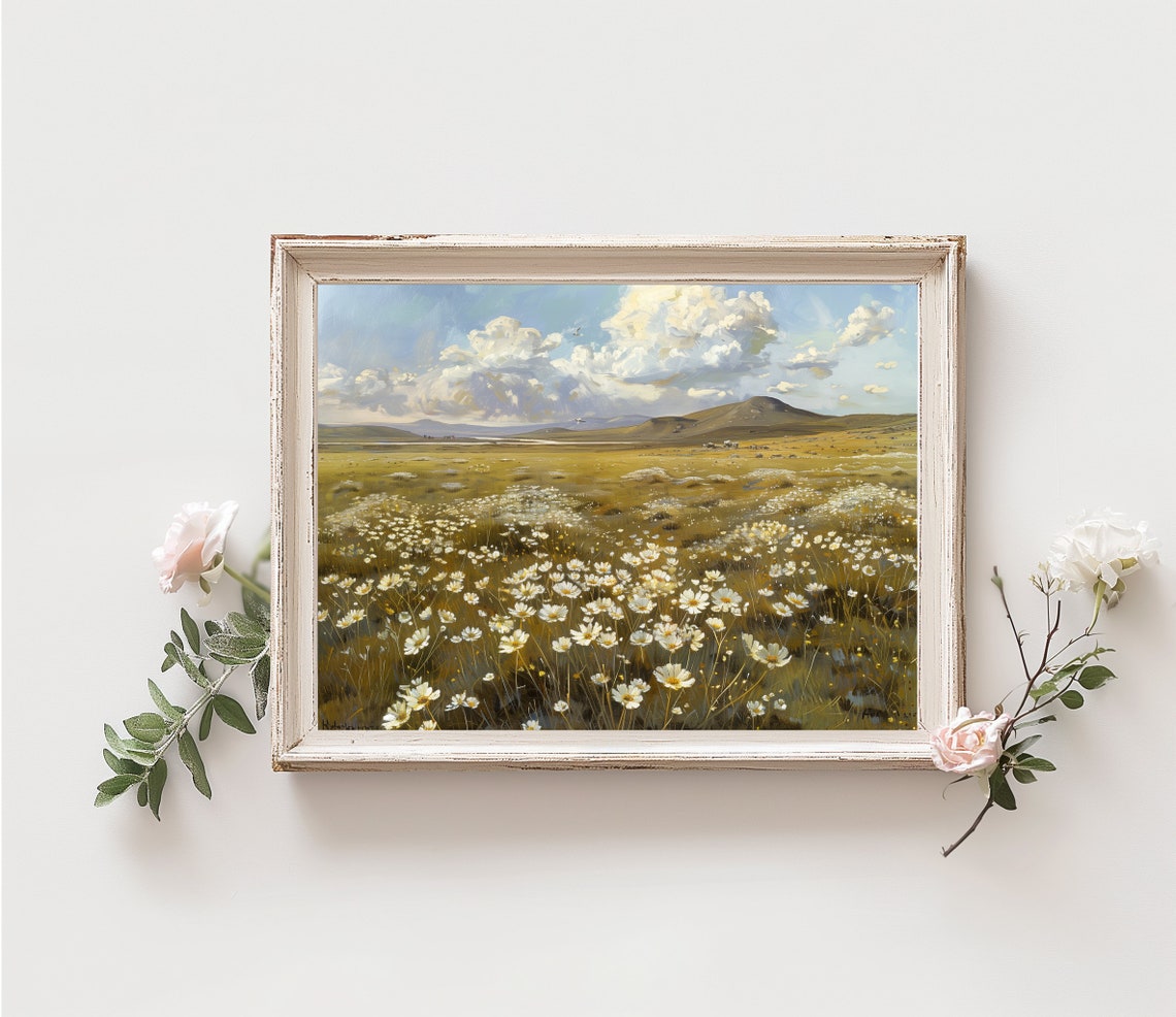 White Daisy Field Mountain Meadow Blue Sky Clouds Summer Art Poster - Image 4