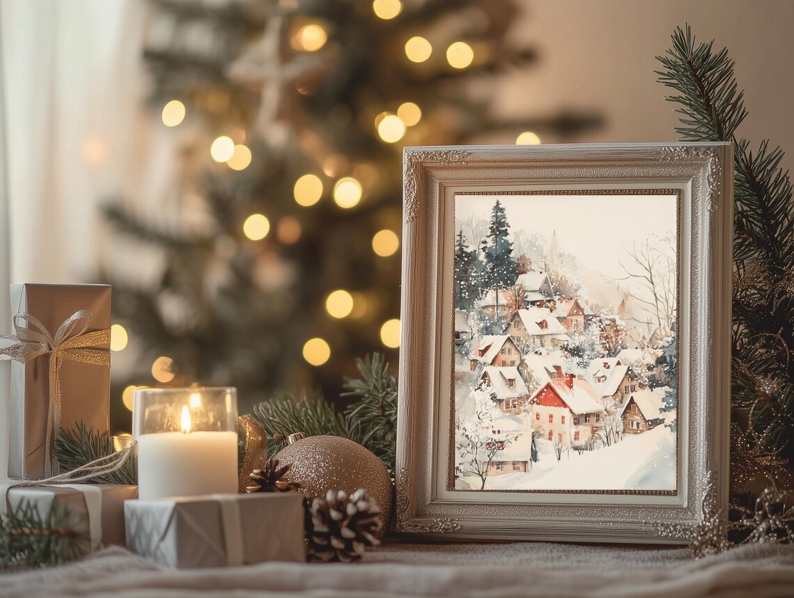 Snowy Christmas Village Watercolor Red Houses Winter Holiday Poster - Image 4