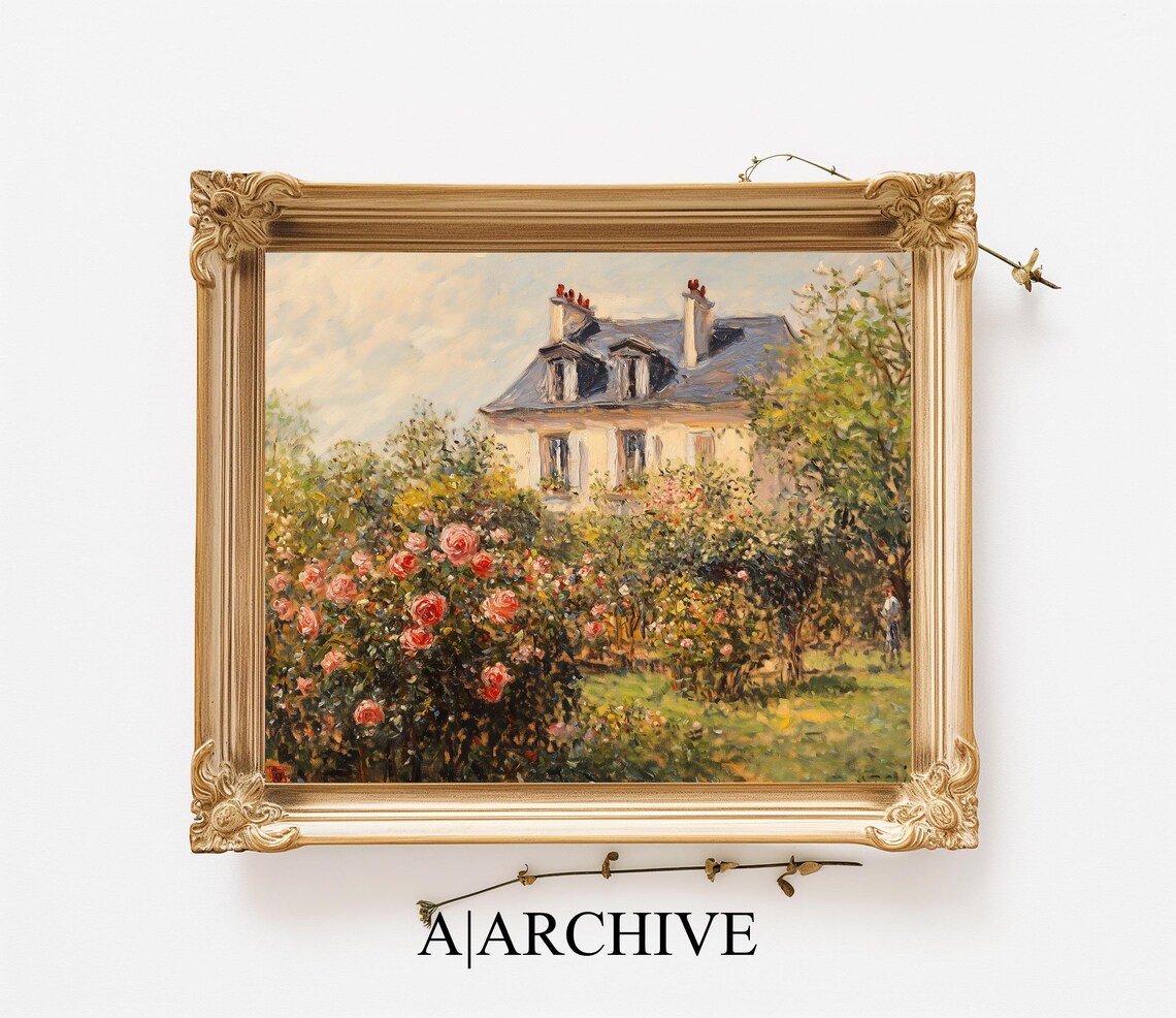 Rose Covered Garden and Village House Vintage Oil Painting Poster - Image 3